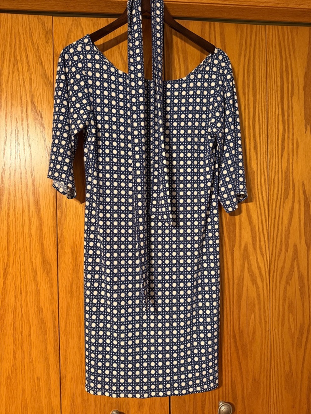 Leota Navy and White Geometric Dress w/tie belt